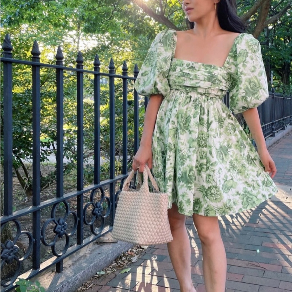 Ruched Bodice Puff Sleeve Mini Dress - Green Floral